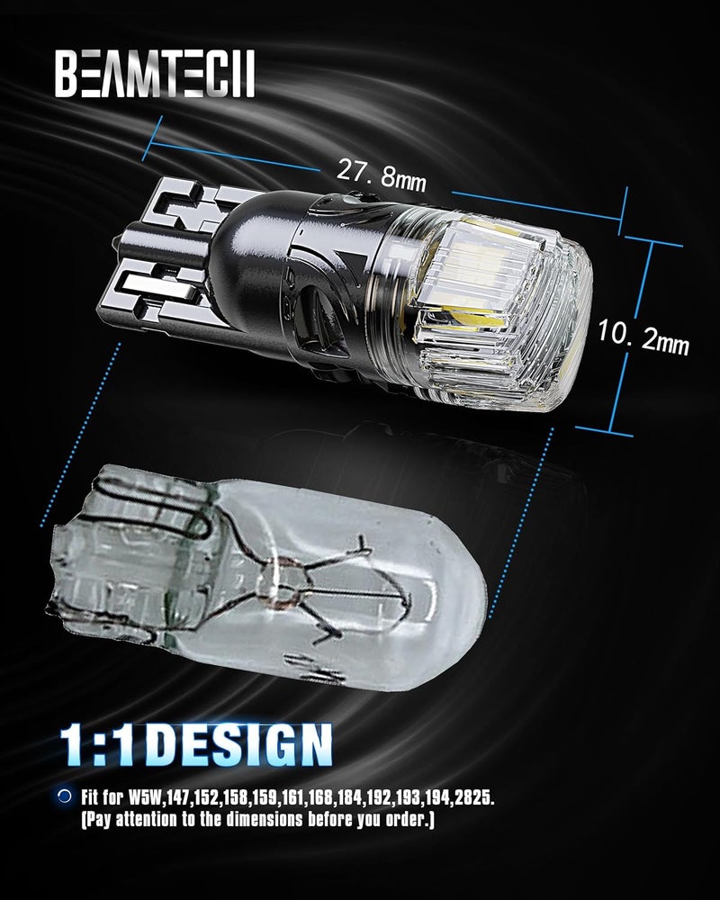 BEAMTECH 194 LED Bulbs, 6500K White Light, 168 2825 W5W T10 LED Light Build-in CANBUS for Interior Dome Map Door License Courtesy Dash Lights, 10 Bulbs. - Image 5